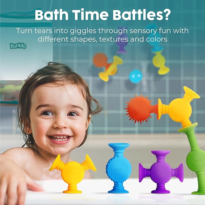 BUNMO Stocking Stuffers for Kids - Toddler Suction Bath Toys - Connect, Build, Create - Toddler Stocking Stuffers - Fine Motor Skills - Stimulating Sensory Fun - Textured 44 Pack