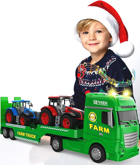 Toddler Toys for 3 + Years Kids, 25" Large Flatbed Semi Truck Toy with 2 Tractors, Friction Powered Vehicles Toys for Kids, Birthday Gifts for Boys and Girls