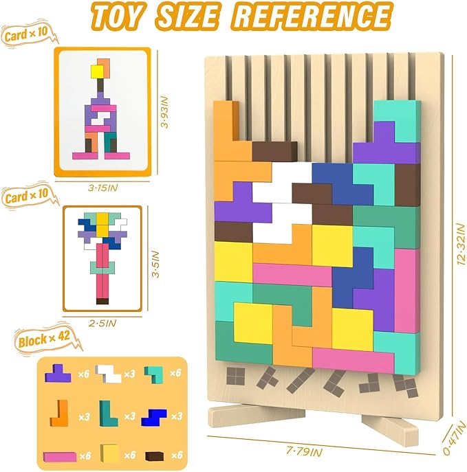 Wooden Block Puzzle Montessori Toys, Colorful Stacking Game Brain Teaser Puzzles for Toddlers and Kids with 20 Cards, Educational Wooden Toy Gifts for 3 4 5 6 7 8 Year Old Boys and Girls - Image 2