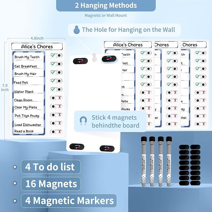 4-in-1 Chore Chart: Dry Erase My Chores Slider Chart, Magnetic Visual Schedule for Fridge, Kids Daily Checklist - ADHD Tools: To-Do List and Routine Chart (Blue 4-Pack) - Image 4