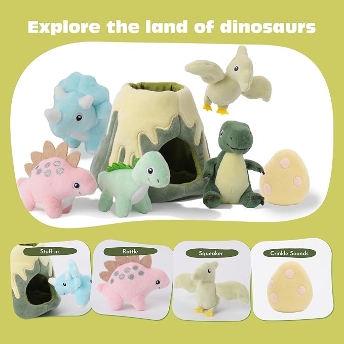 Baby Toys 6-12 Months – My Little Volcano with 5 Stuffed Dinosaurs, Montessori Toy with Rattle, Crinkle, Squeaker, Sensory Toys for Toddlers 1-3, Early Development Christmas Birthday Gift