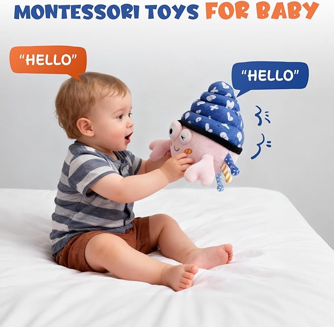 Music Crawling Hermit Crab Baby Toy 6-12 Months,Montessori Toys for 1 Year Old+,Infant Stuffed Animal Toy with Tummy Time Toy & Floor Play,Dancing & Talking Soft Plush Toy for Boys and Girls