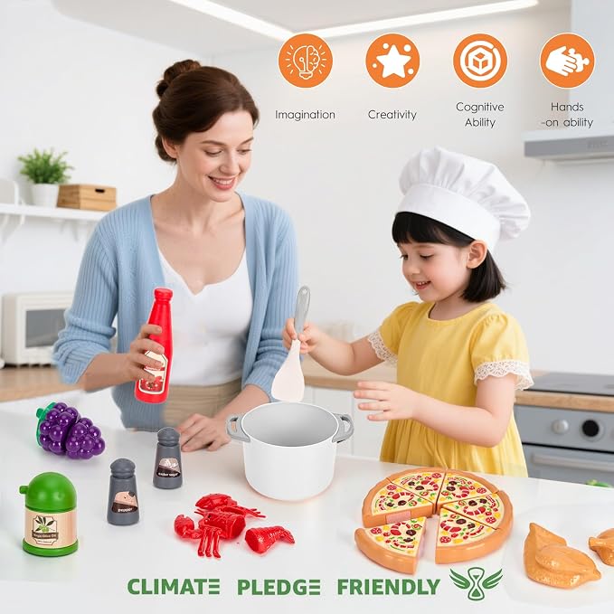 80Pcs Kitchen Playset, Toddler Pretend Cooking with Pots, Pans, Cookware, Food, Picnic Blanket, Fruits, Veges, Shopping Storage Basket, Dessert , Learning Gift for Girls Boys (White) - Image 9