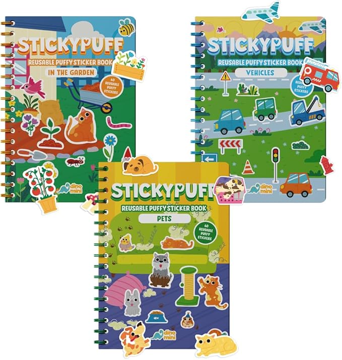 Stickypuff Value Pack - 3 Reusable Puffy Sticker Book for Toddlers - Puffy Stickers for Toddlers - Travel Activities for Kids Ages 4-8 - Screen Free Birthday Gifts (Around Us)