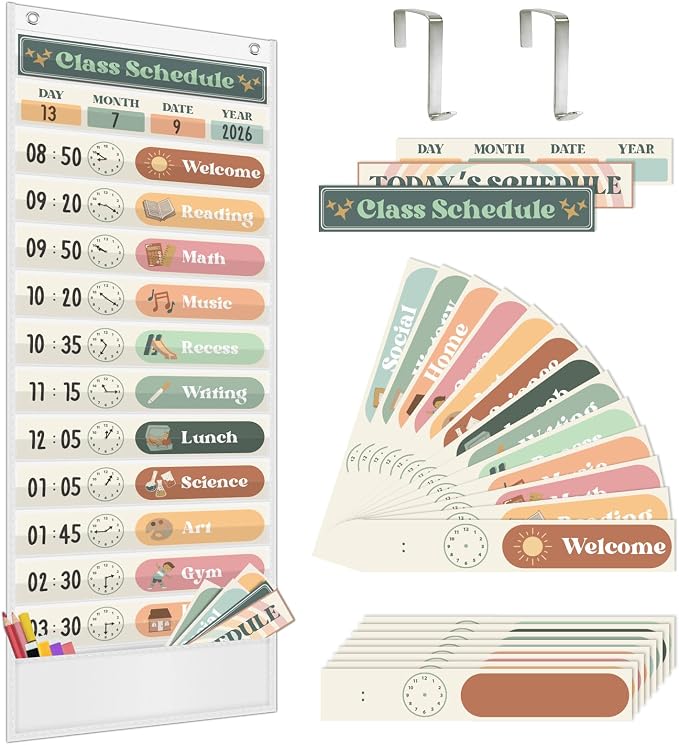 AKAYOK Daily Schedule Pocket Chart, 13+1 Pocket Visual Schedule for Kids, Includes 24 Reusable Dry-Erase Cards, Daily Planner with Hourly Schedule for Classroom, Office, Home, School Activities by AKAYOK