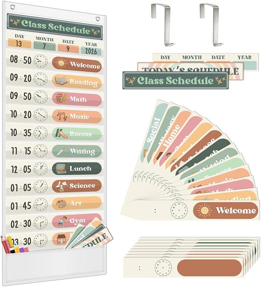 AKAYOK Daily Schedule Pocket Chart, 13+1 Pocket Visual Schedule for Kids, Includes 24 Reusable Dry-Erase Cards, Daily Planner with Hourly Schedule for Classroom, Office, Home, School Activities by AKAYOK