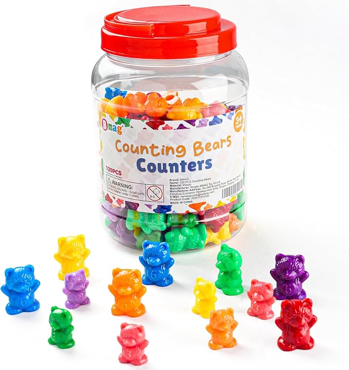 Bmag 120 PCS Counting Bears Math Manipulatives (60 Large & 60 Small Bears in 12 Colors), Color Sorting Toys for Toddlers 3+, Preschool & Kindergarten STEM Learning Educational Toys with Storage Jar by BMAG