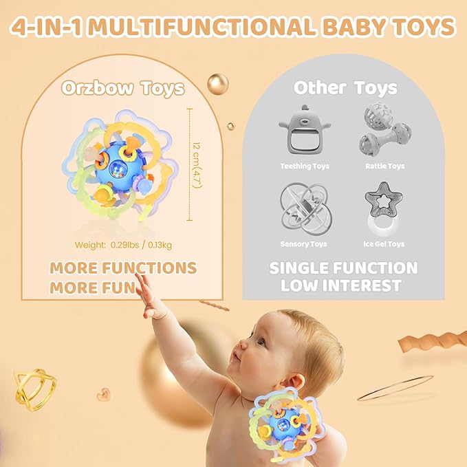 Orzbow Sensory Teething Toys for Babies, Montessori Toys 3-18 Months, Infant Teethers Relief, Silicone Baby Rattle, BPA Free, Blue