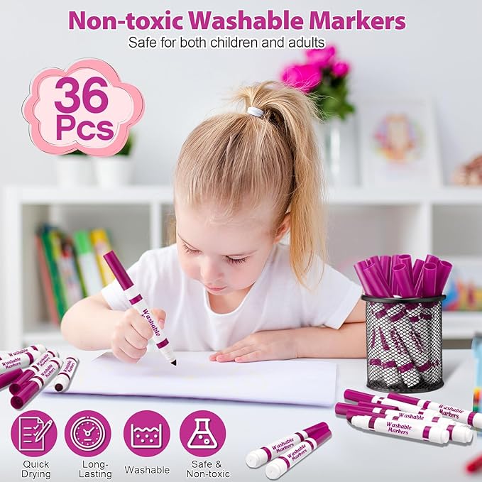 Janlaugh 36 Pcs Rose Pink Washable Markers Bulk Coloring Broad Line Markers for Kids Rose Pink Conical Tip Drawing Pen for Christmas School Travel Art Baby Shower Gender Reveal Party Supplies, Ages 6+