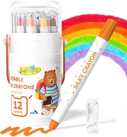 JUPITEARTH 12 Color Twist Crayons for Toddlers 1-3 and Kids 4-8, Non-Toxic Washable Crayons 2-4, Ultra-Silky Easy-Grip Art Supplies, Ideal Coloring Gift for Boys and Girls