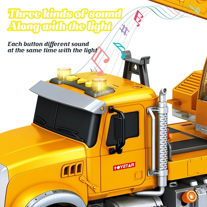 15 Inch Friction Powered Crane Truck Toy with Lights, Sounds & Movable Arms - Construction Vehicle Gift for Kids Boys Girls Ages 3-7