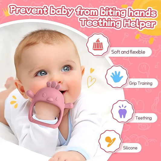 Baby Teething Toys (5 Pack) - Tinabless Infant Teething Keys&Silicone Teething Mitten Set for Babies Over 3 Months, Anti Dropping Baby Chew Toys for Sucking Needs, BPA Free(Coral Red)