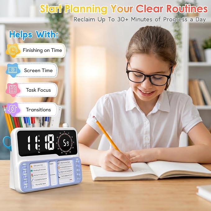 7-in-1 Visual ADHD Timer for Kids with Chore Chart Board, ADHD Tools Schedule for Kids with Autism, Alarm, Countdown, Date, Temperature, Storage, Daily Checklist for Home/School/Classroom/Desk(Blue) - Image 4