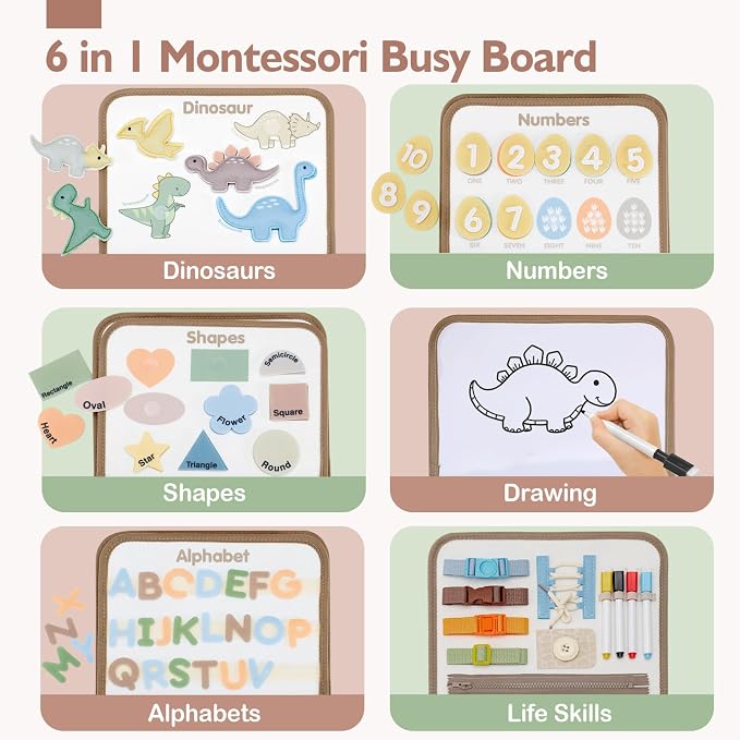 hahaland Montessori Busy Board for Toddlers Boy Travel Toys, Dinosaur - Image 2