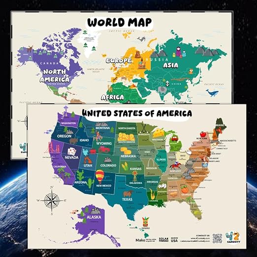 Large 24" x 36" Illustrated World Map & USA Map for Kids – Laminated Write-On Wipe-Off Educational Wall Maps for Classroom & Homeschool – Made in USA – by 42 Curiosity by Unknown