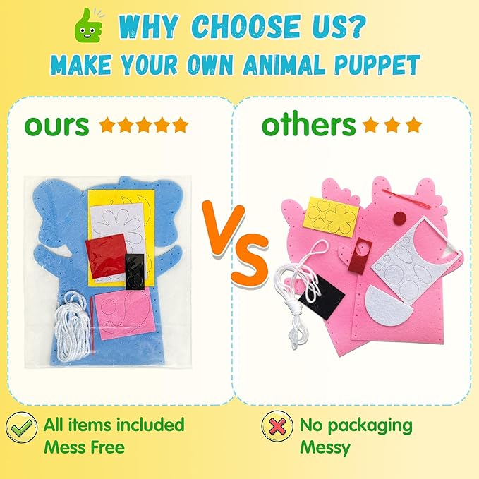 Animal Hand Puppet Crafts Kit for Kids 8pcs Sewing Kits for Girls 4-9 Felt DIY Sewing Projects Toddler Activities Story Telling Pretend Play Party Favors Toys