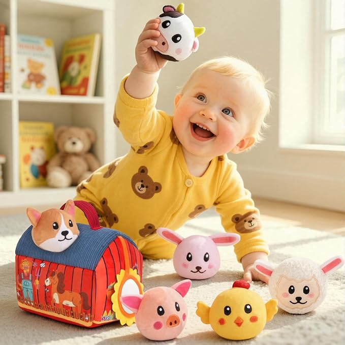 Baby Toys 6-12 Months - Soft Barn with Stuffed Farm Animals Toy, Montessori Toys for 6 Months Infant Boys Girls Sensory Gifts with Rattle, Crinkle Paper, Mirror Christmas Stocking Stuffers