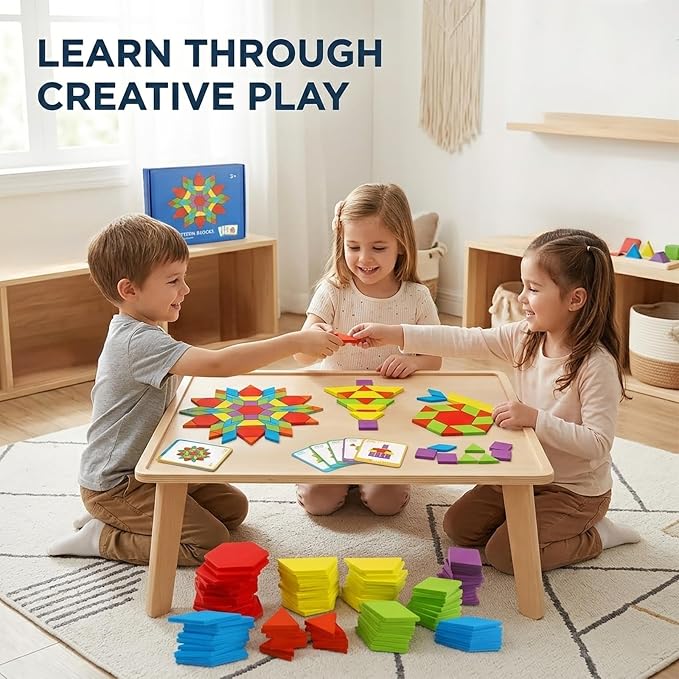 155 Pcs Wooden Pattern Blocks Set - Geometric Shape Puzzle for Kindergarten - Classic Educational Montessori Tangram Toys with 24 Design Cards for Kids Ages 3-8 - Image 4