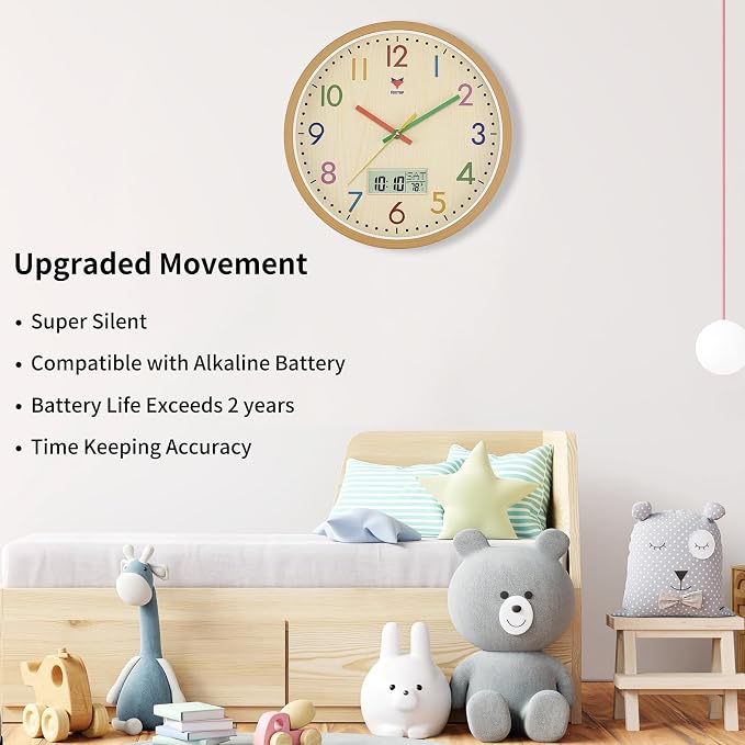 Foxtop Digital and Analog Kids Wall Clock 12 Inch Silent Non-Ticking Battery Operated Kids Clock for Kids Room Playroom Nursery Classroom School - Image 3