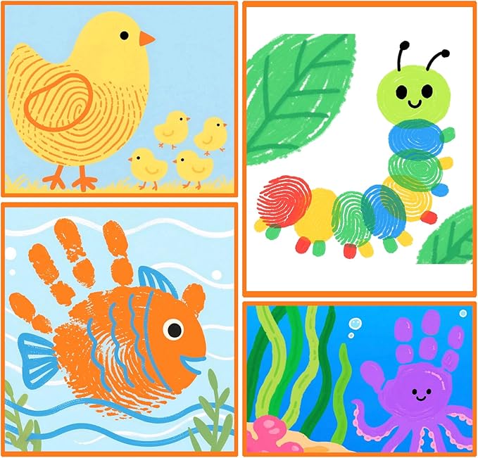 Kids Washable Finger Paint Set, 34 PCS, 12 Colors Non-Toxic Finger Paint Set with Paint Brushes, Sponge, Palette, Smock, Safe Art Supplies for Toddlers Age 3 4 5 6+, Gifts for Boys Girls