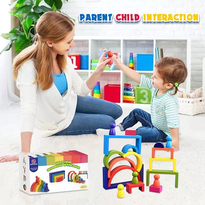 Wooden Toys, Montessori Toys for Kids 3 4 5 6+Years Old Boys Girls Rainbow Stacking Blocks Set Preschool Activites Educational Toy Gifts for Toddler-19PCS - Image 2
