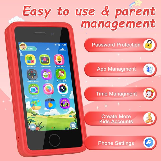 3.97" Touchscreen Kids Toys Smart Phone, Kids Phone with Games & Dual Camera, Toddler Toys Phone, Boys and Girls Learning Toy Phone for 3-9 Years Old (Red)