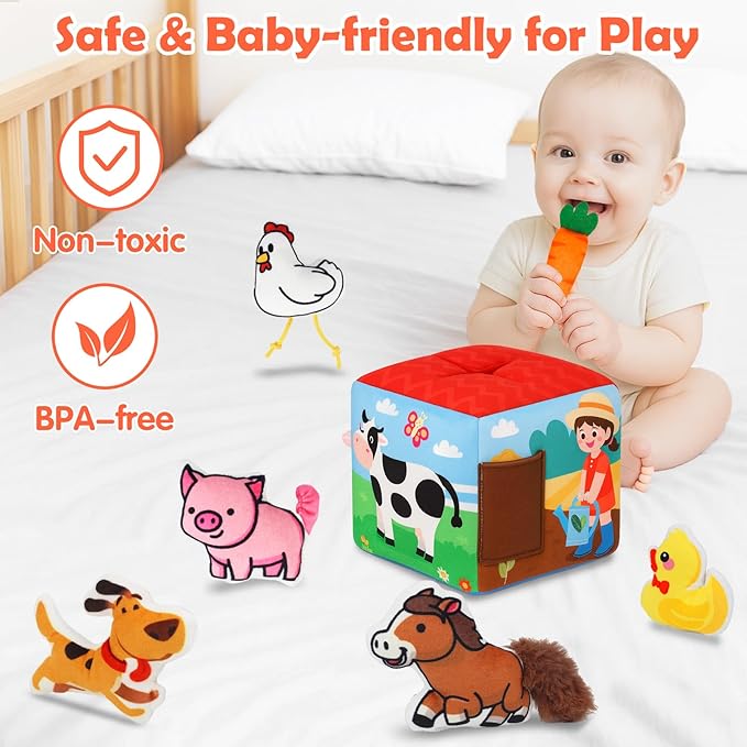 Avesa Baby Toys 6-12 Months - Soft Sensory Box Infant Toy with Stuffed Animals, Rattle, Crinkle Paper, Mirror - 6 Month Old Must Haves Boy Girl Babies Birthday for 1 Year Old Learning Toys