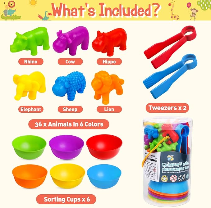 Counting Animals Color Sorting Stacking Matching Games with Rainbow Bowls Montessori Preschool Educational Learning Activities Fine Motor Skills Toys Easter Gift for Kids Ages 3+ - Image 7