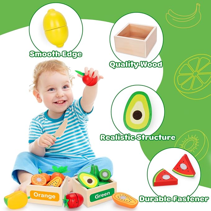TooyBing Wooden Play Food Toy Set for Kids Kitchen - 30 Pcs Montessori Cutting & Color Sorting Fake Fruit Accessories with 4 Boxes, Play Toys for Toddlers 3, Birthday Gifts for Boys Girls - Image 3