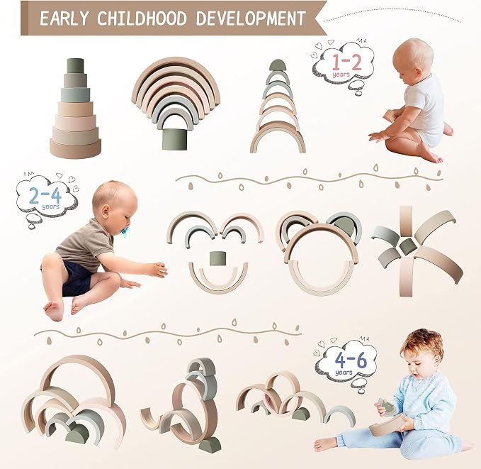 MCGMITT Rainbow Stacking Toy, Silicone Rainbow Stacker for Toddlers, Montessori Nesting Blocks, Building Creative Color Shape Matching Toy Set, 7 Layers (Brown) - Image 3