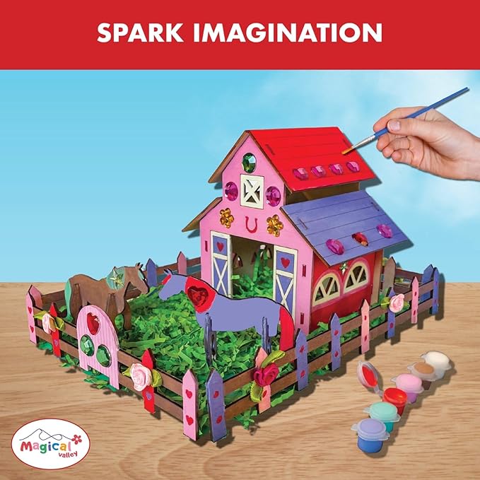 Magical Valley Horse Barn Craft Kit for Kids DIY Wooden Barn Building Set | Creative, Hands-On Arts & Crafts Activity for Horse Lovers | Imaginative Gift for Girls & Boys Ages 5-12