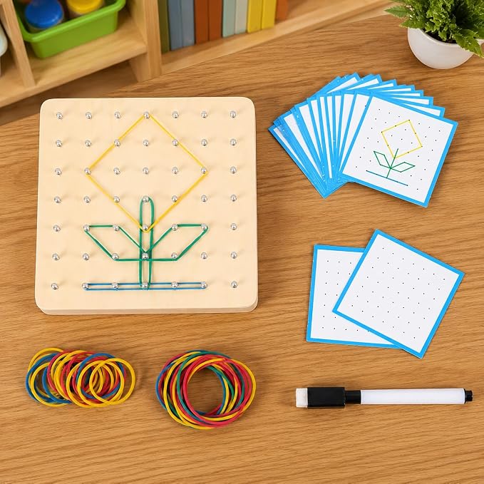 predolo 1 Piece Sensory Toys Geometric Shapes Wooden Math Development Early Learning Manipulatives Pattern Making Suitable for Preschool Classroom 18x18x3.5cm, Small Geoboard (49 pegs) - Image 6