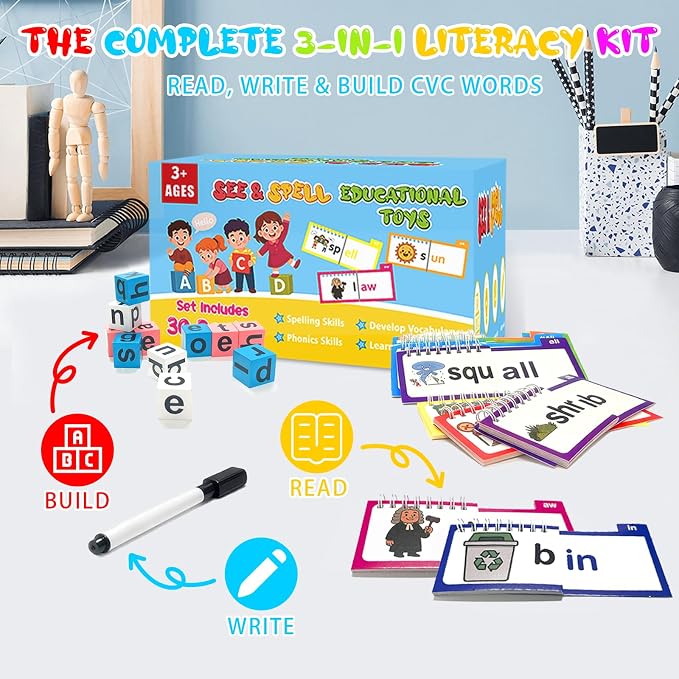 30 Word Family Flip Books, 3-in-1 Read and Rhyme Flip Activity Book Set, ABC Vocabulary Flash Cards, Sight Words Flashcards, Learn to Read Phonics Cards for Kindergarten, Homeschool Supplies - Image 4