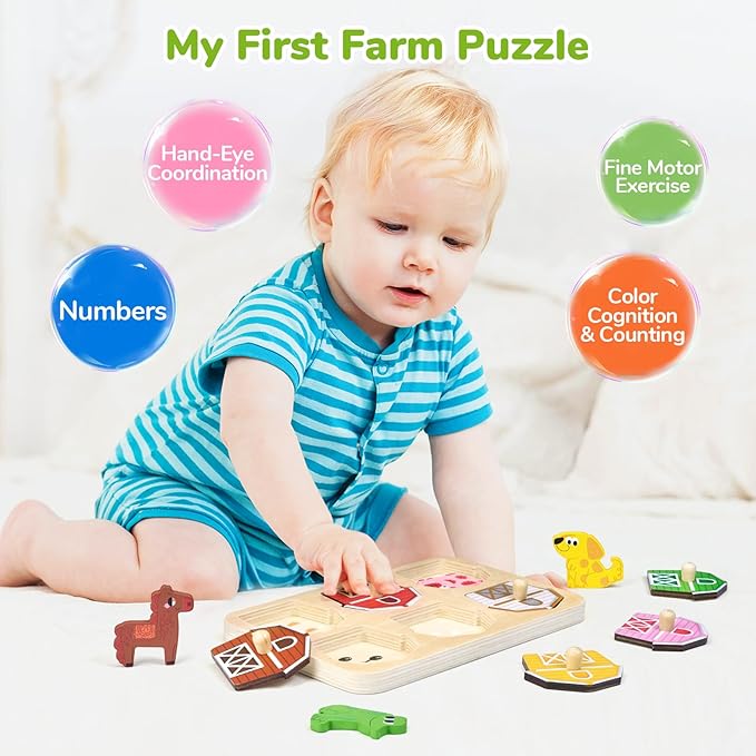 JoyCat Wooden Puzzles for Toddlers 1-3, Montessori Toys for 1 2 Year Old Boy Girl Birthday, Animal Match Farm Peg Puzzles, Preschool Learning Toys for Toddlers Age 1-2