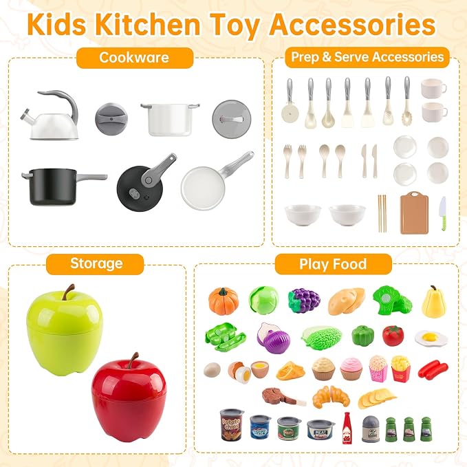 100Pcs Kitchen Playset, Kids Pretend Cooking Play Pots, Pans, Utensils, Cookware, Toy Food Fruits Veggies, with 2 Large Apple - Shaped Storage, Toddler Cooking Learning Gift (White) - Image 3