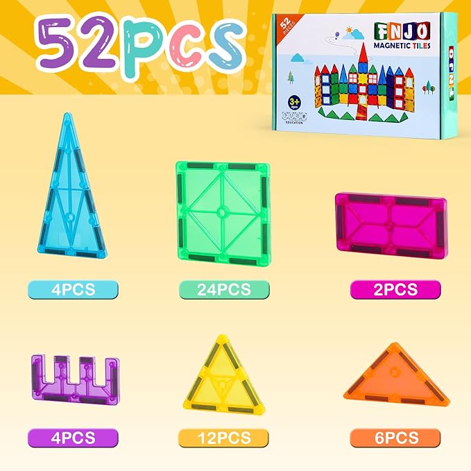 FNJO Magnetic Tiles, 52 PCS Magnet Building Set, Magnetic Building Blocks,Construction STEM Toys for Kids - Image 4