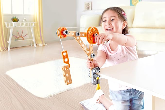Hape Three Experiment Kit | Junior Inventor Kids Physics Mechanical Crane, Grabber & Climbing Frog Play Set for Children Aged Four & Up - Image 2