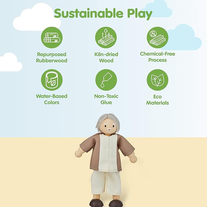 PlanToys® Grandfather Dollhouse Figure - Fair Skin Tone | Poseable 1:12 Scale Dollhouse People | Montessori Pretend Play Doll with Bendable Arms & Legs | Eco-Friendly Wooden Figurine for Kids