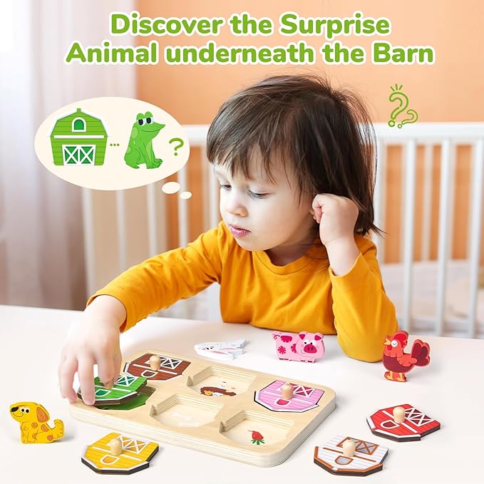 JoyCat Wooden Puzzles for Toddlers 1-3, Montessori Toys for 1 2 Year Old Boy Girl Birthday, Animal Match Farm Peg Puzzles, Preschool Learning Toys for Toddlers Age 1-2