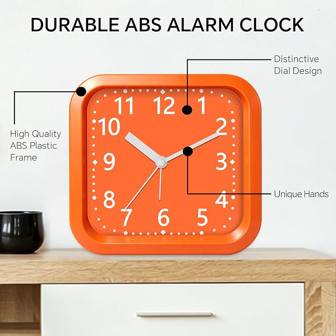 Analog Loud Alarm Clock for Heavy Sleepers, 4.5" Simple Battery Operated Alarm Clock with Modern Round Design, Silent Non-Ticking Small Bedside Clock for Bedroom Teens Seniors, College,Orange - Image 5