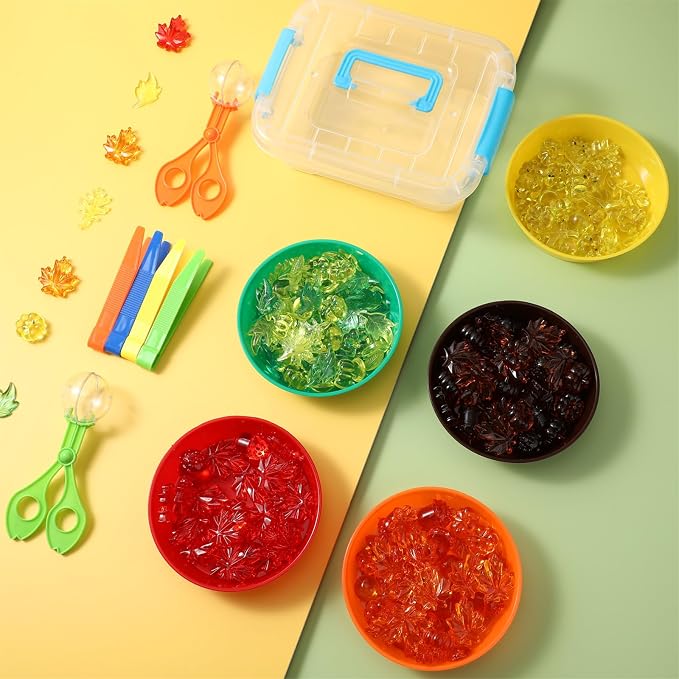 147 Pcs Fine Motor Toys Counting Sorting Fall Decorations, Sensory Bin Filler, 135 Acrylic Fall Leaves Pumpkin 4 Tweezers 2 Scissors Clips 5 Cups Storage Box for Fall, Autumn Thanksgiving Decor - Image 5