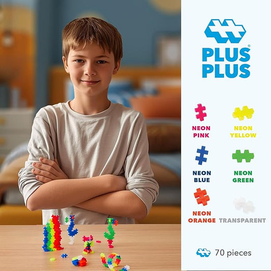 Plus Plus 70 Piece Interlocking Building Blocks for Kids, Open Ended Connecting Toys, Stem Bin Classroom Mini Manipulatives - Neon Mix Play Tube