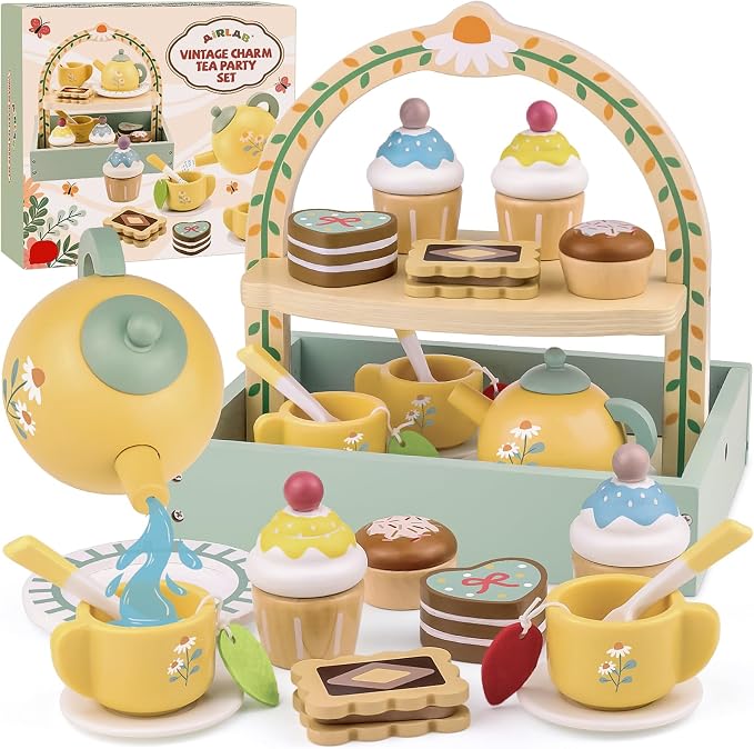 Wooden Tea Sets for Little Girls Play Food Cake Pretend Play Toys by AirlabStudio