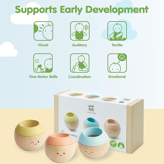 PlanToys® Pastel Wooden Tumbling Montessori Toy | Developmental Baby Toy for Fine Motor Skills & Sensory Play | Safe & Eco-Friendly for Babies 6 Months+