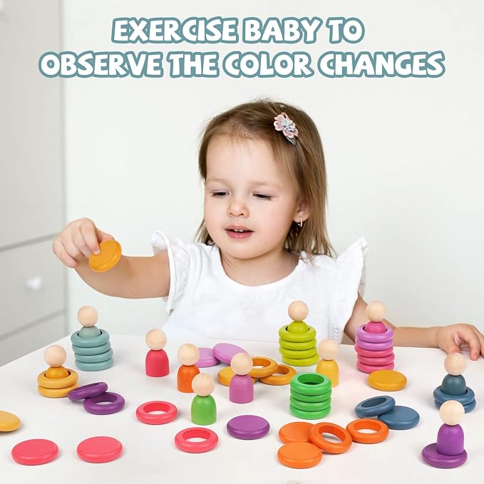 Montessori Toys Wooden Color Sorting Stacking Rings Toy Rainbow Wooden Peg Dolls Counting Toys Circular Building Blocks Stacking Game Preschool Learning Education Fine Motor Skill Toys for Toddlers - Image 6