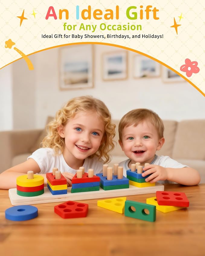 Montessori Toys for 1 2 3 Year Old, Wooden Stacking & Sorting Toy with Geometric Shapes, Educational Learning Toys and Birthday Gifts for Toddlers Boys Girls 1-3 - Image 2