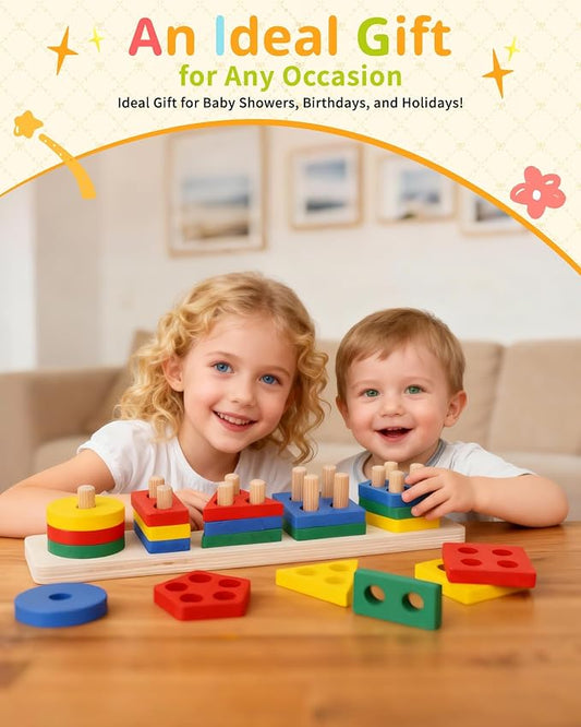 Montessori Toys for 1 2 3 Year Old, Wooden Stacking & Sorting Toy with Geometric Shapes, Educational Learning Toys and Birthday Gifts for Toddlers Boys Girls 1-3 - Image 2