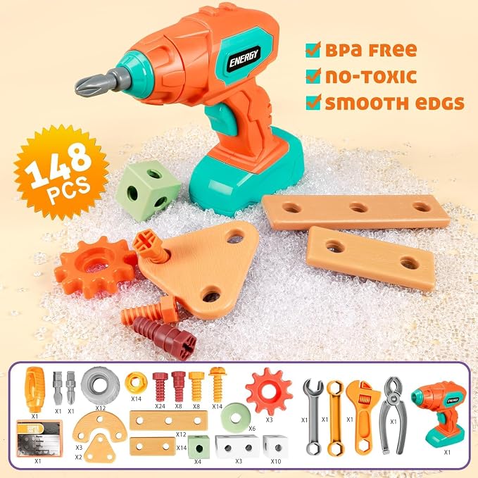 VEAIS Kids Tool Set with Drill, 148 PCS STEM Building Tools with Storage Box Plastic Todder Tool Set for Boys and Girls Age 3 4 5 6 7 8 Years - Image 3