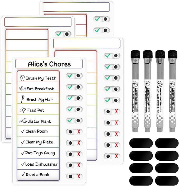 4 Pcs Chore Chart for Kids: Dry Erase My Chores Slider Chart, Magnetic Visual Schedule for Fridge, Kids Daily Checklist - ADHD Tools: to Do List and Routine Chart for Multiple Kids (Rainbow 4-Pack) by Jupyn
