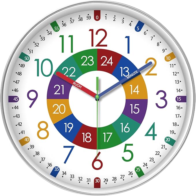 XFM Colorful Teaching Time Wall Clock 12 Inch for Kids Room Classroom by XFMWallClock